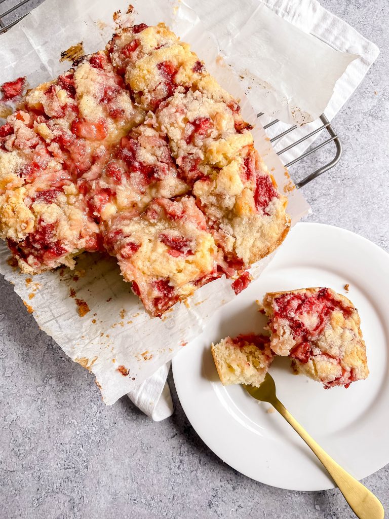 Strawberry buckle - a sort of coffee cake, on top of a cooling rack.