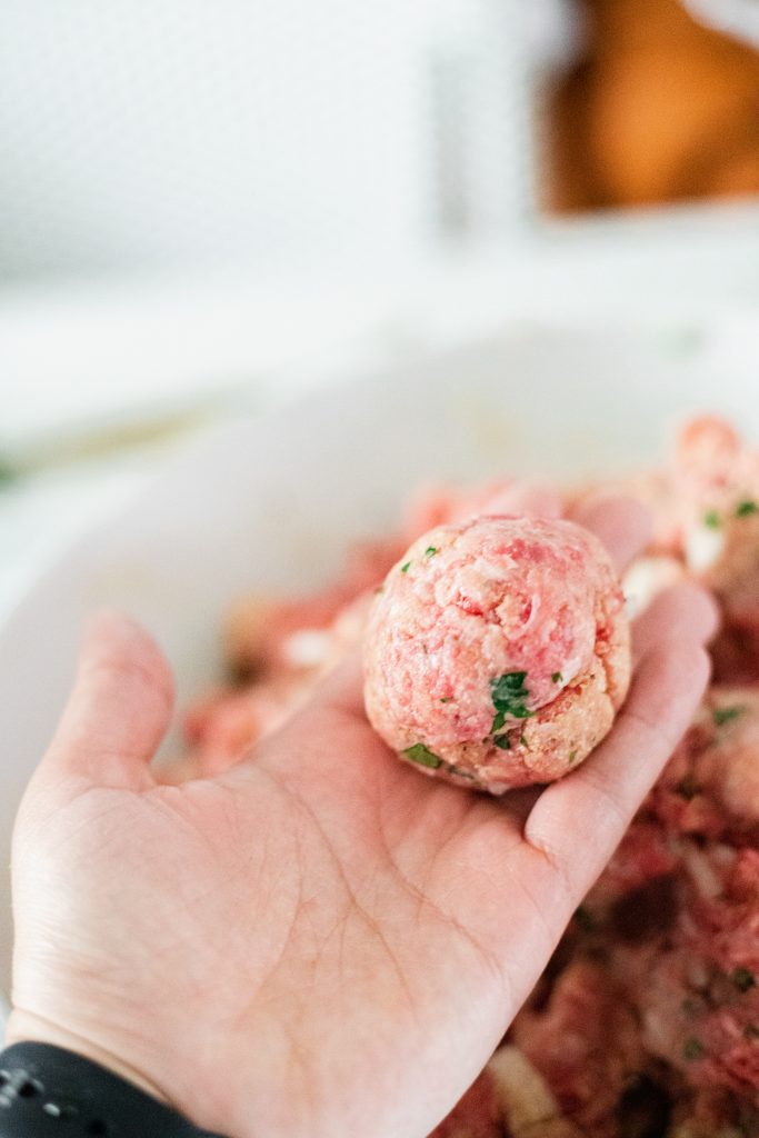 Perfectly formed meatball in a hand.