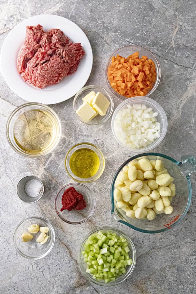 Ingredients for gnocchi bolognese: potato gnocchi, butter, olive oil, diced celery, diced carrot, diced onion, garlic cloves, salt and pepper, white wine, ground beef, all in individual glass bowls on a stone background.