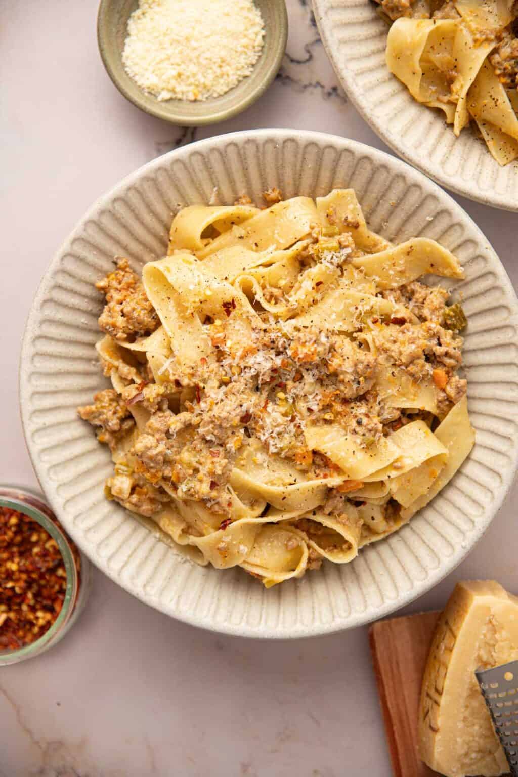 White Bolognese Sauce Recipe (Pasta with Ragú Bianco) - Seasoned and Salted