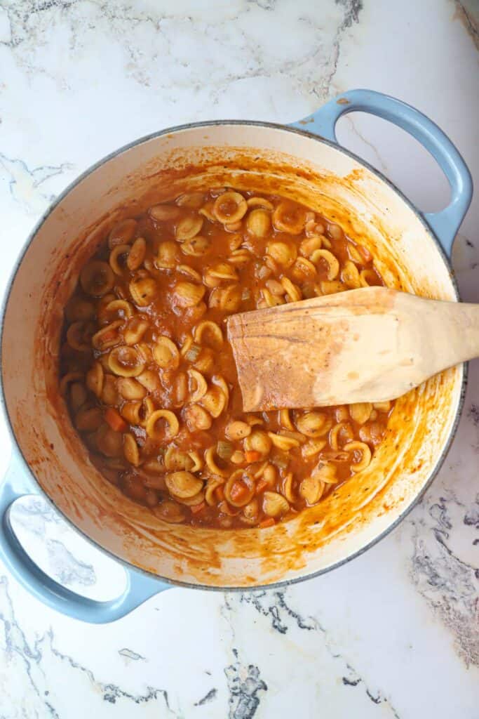 Pasta fagioli recipe in a pot.
