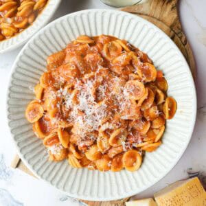 My italian pasta fagioli recipe in a bowl.