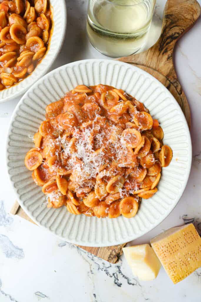 My italian pasta fagioli recipe in a bowl.