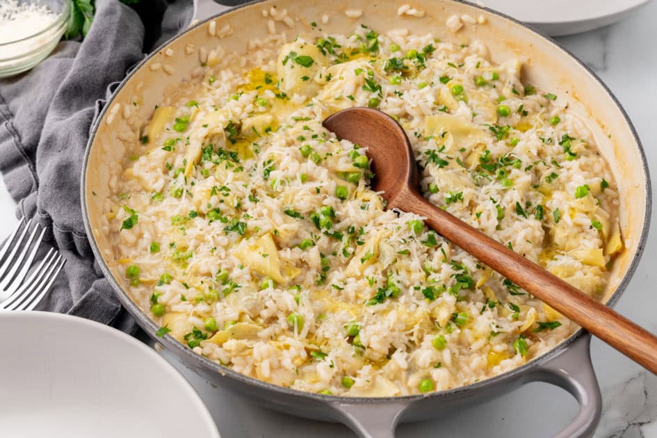 Artichoke risotto in a serving dish.