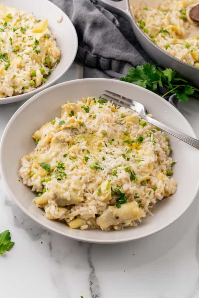 A bowl of artichoke risotto.