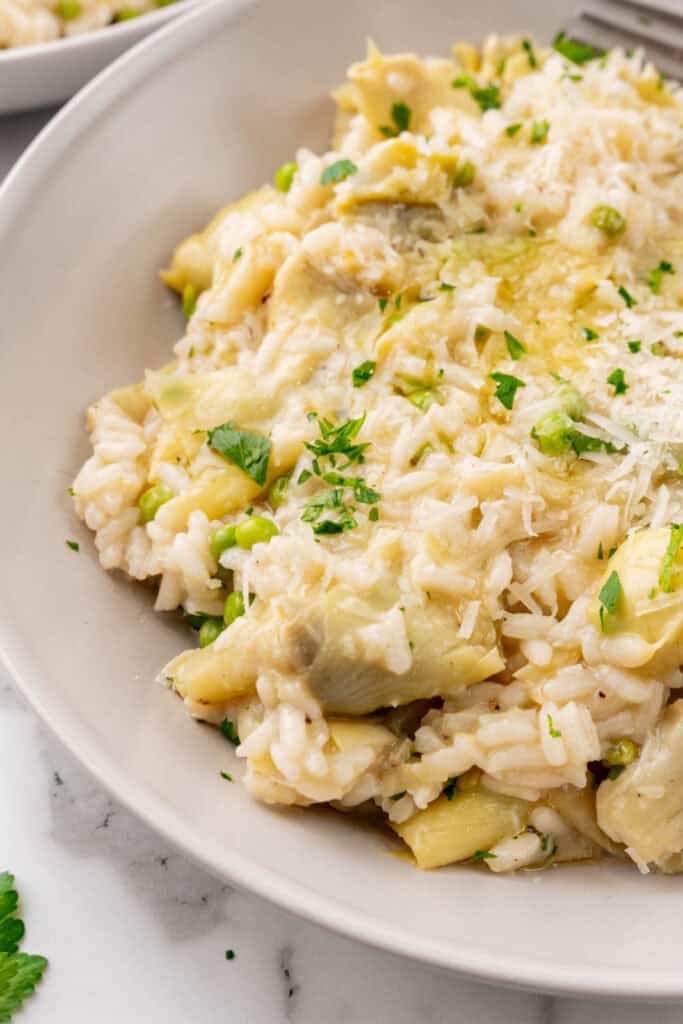 A bowl of artichoke risotto.