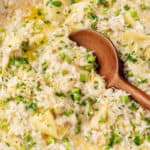 Artichoke risotto with peas and parmesan cheese.