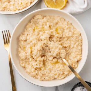 Risotto with lemon in a bowl.
