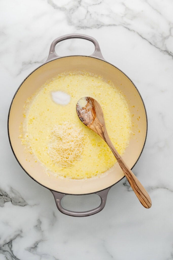 Cooking the base for tagliatelle al limone.