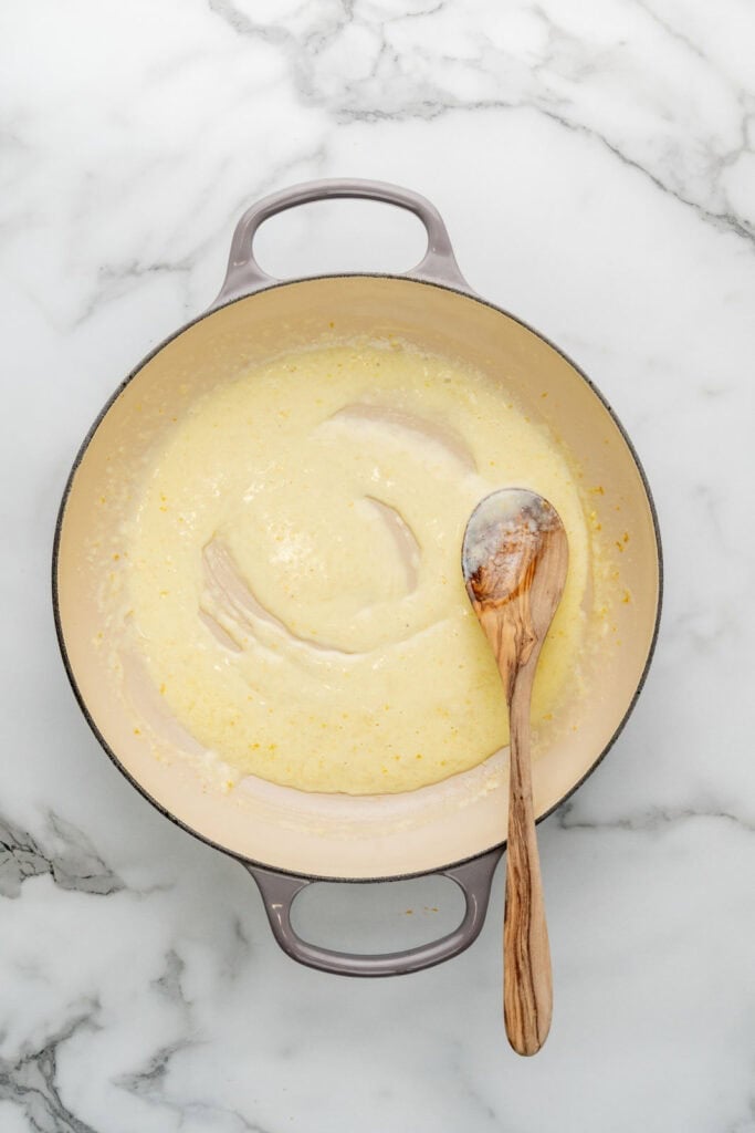 Cooking the sauce for tagliatelle al limone.