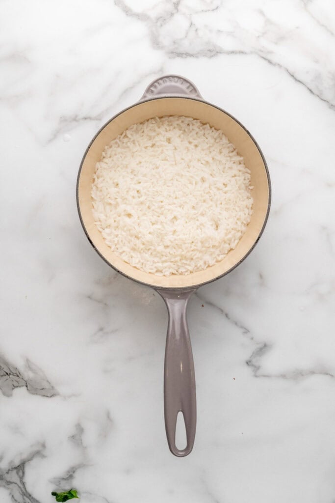 Making jasmine rice in a pot.