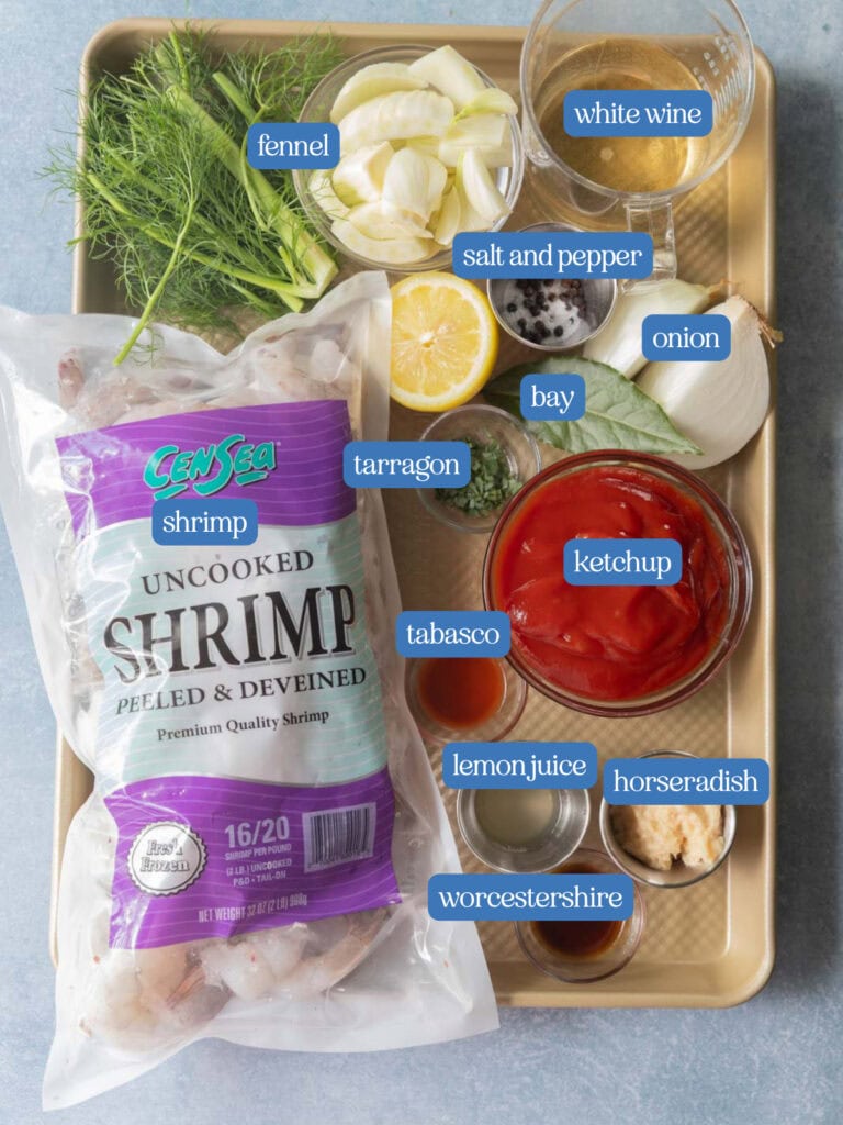 Ingredients for poached shrimp cocktail and cocktail sauce.