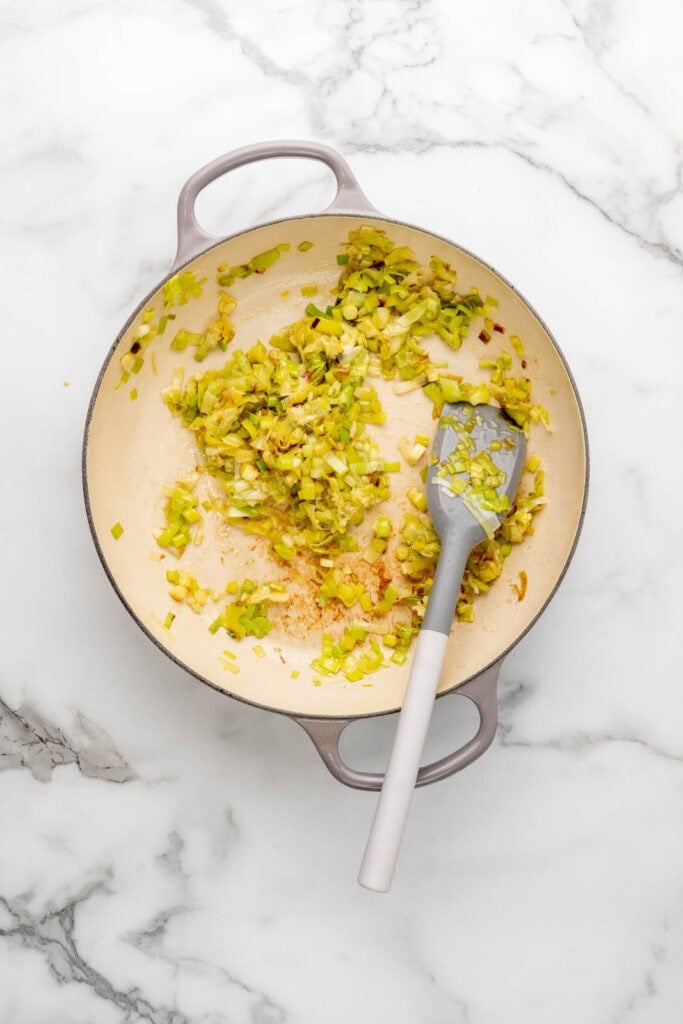 Sauteing leeks and garlic.