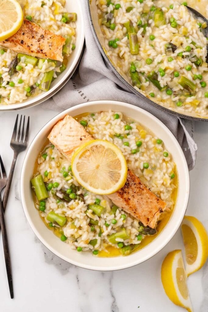 Risotto with salmon in a bowl.