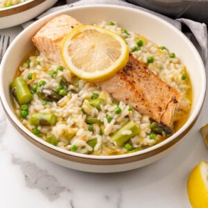 Salmon and risotto with spring vegetables.