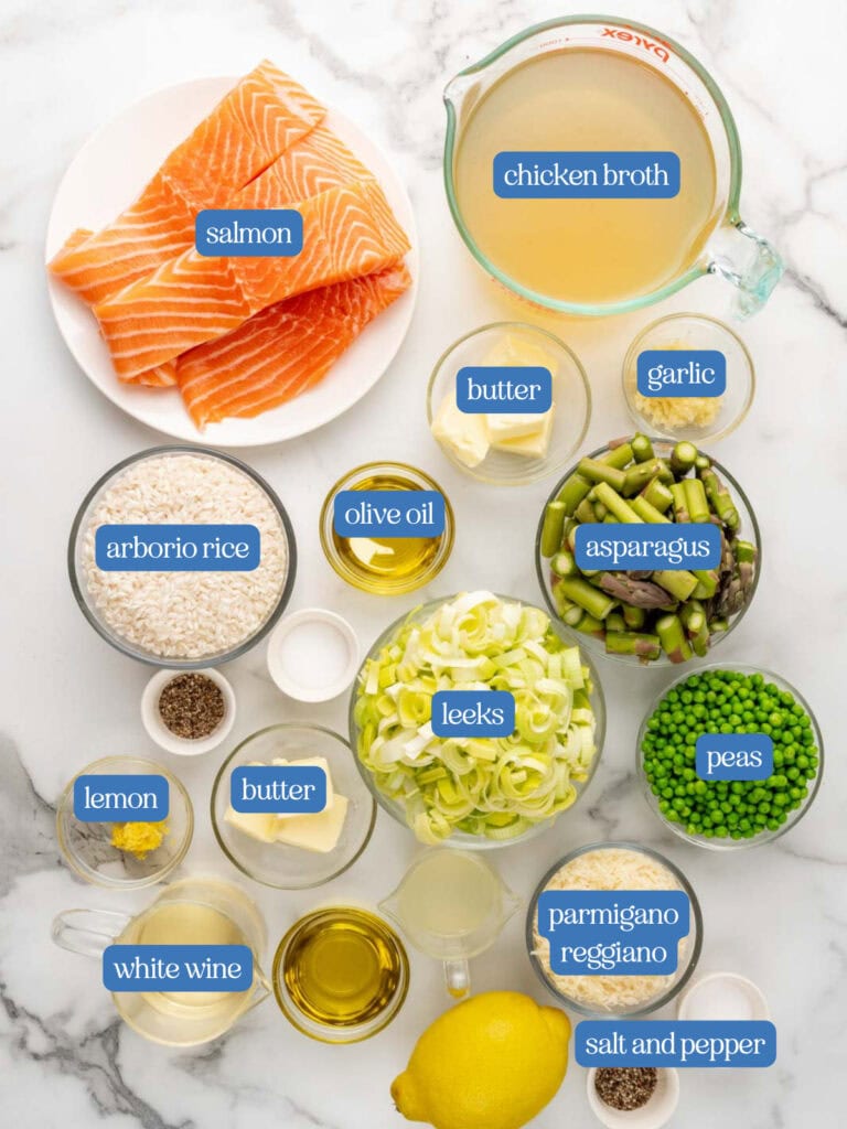 Ingredients for risotto and salmon.