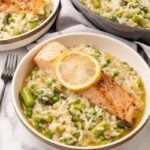 Salmon and risotto with spring vegetables.