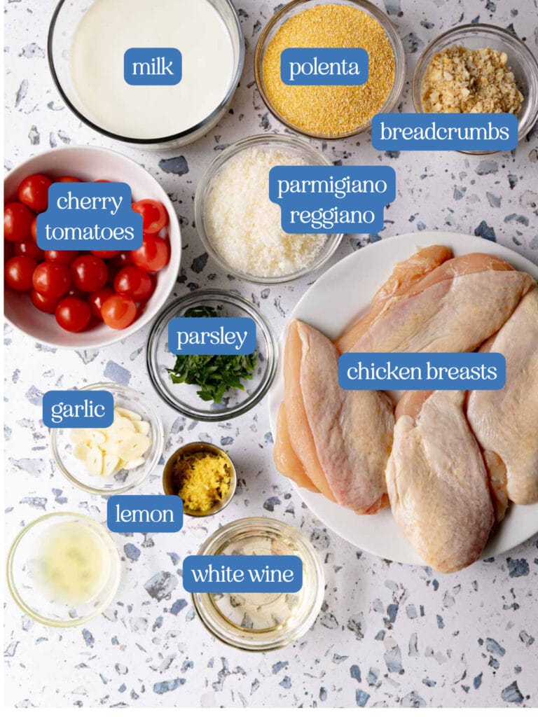 Ingredients for chicken with cherry tomatoes and polenta.