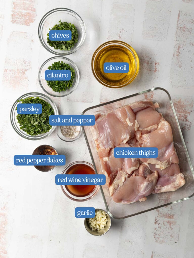 Ingredients to make grilled chicken thighs with chimichurri.