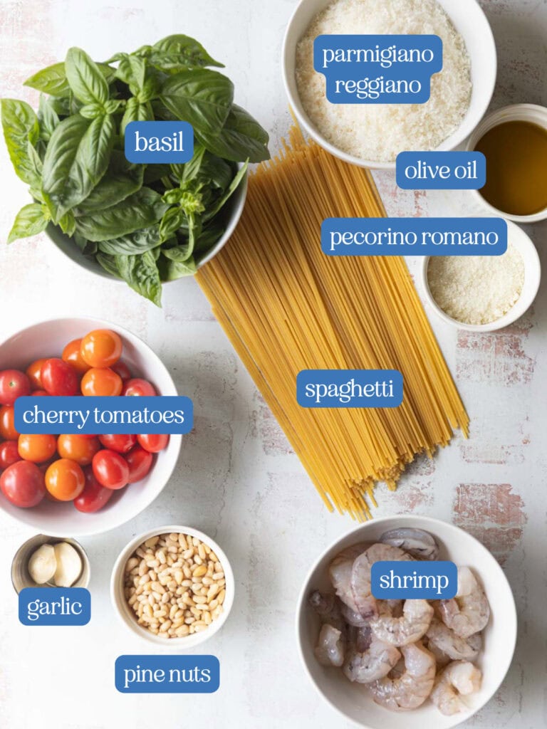 Ingredients for spaghetti with pesto and shrimp.