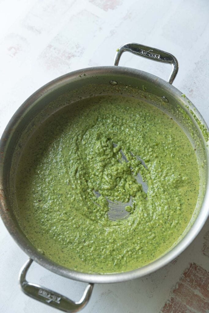 Pesto sauce in a pan.