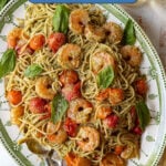 Pesto shrimp and spaghetti.