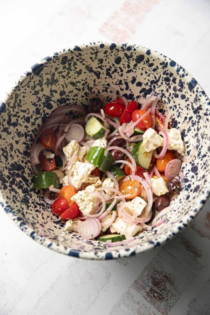 Greek salad in a bowl.