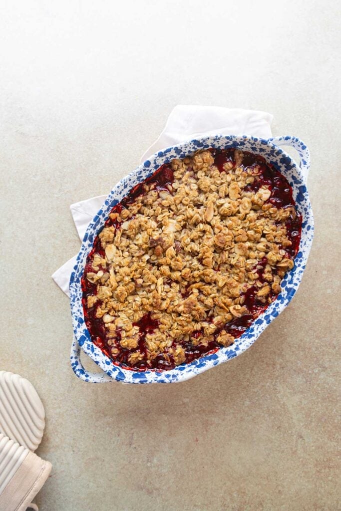 A strawberry crumble in a baking dish.