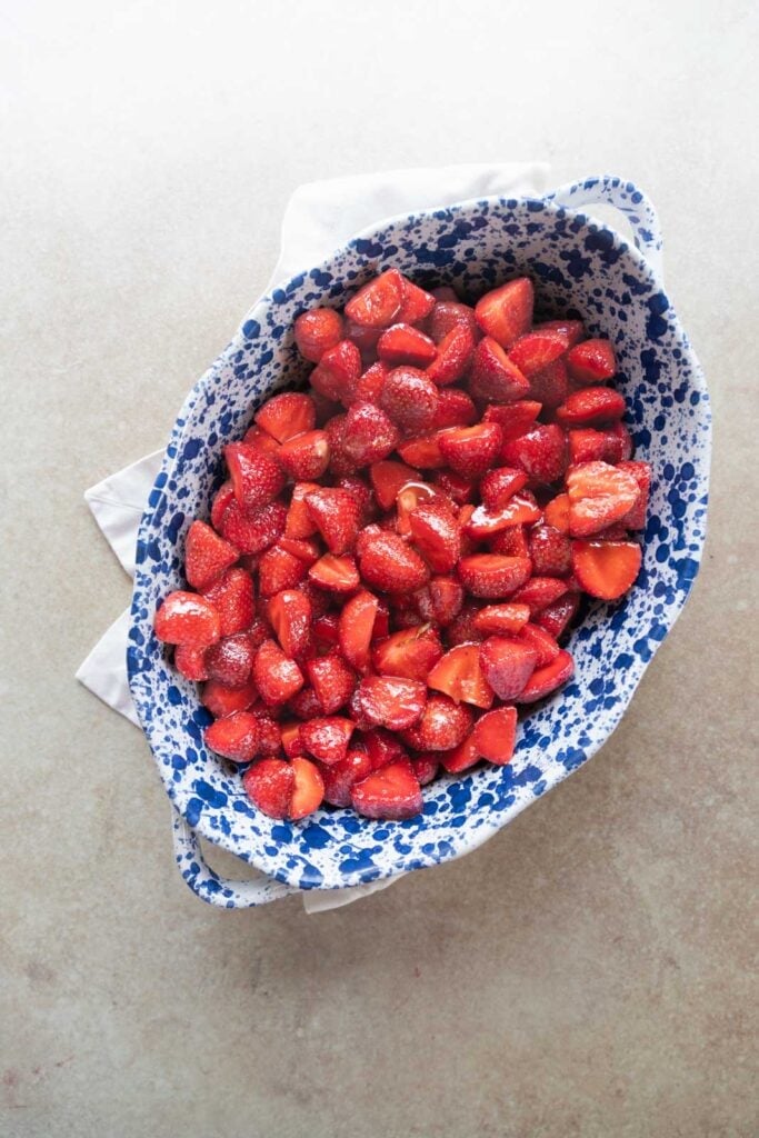 Strawberries in a baking dish.