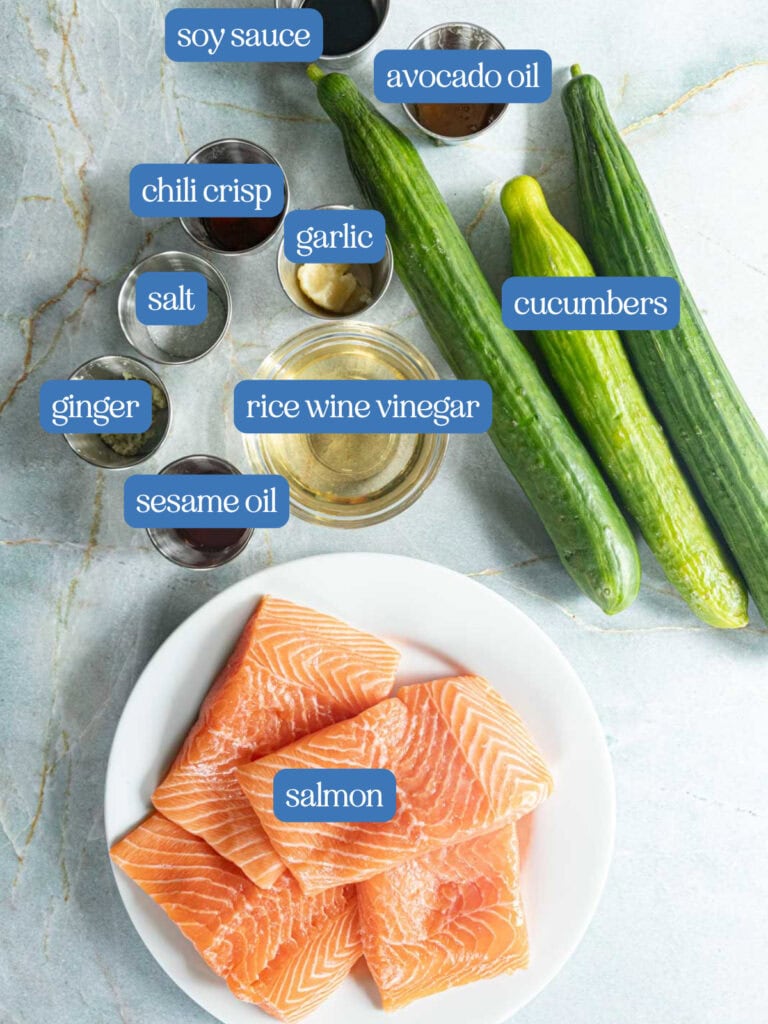Ingredients for salmon with cucumber salad with chili crisp.
